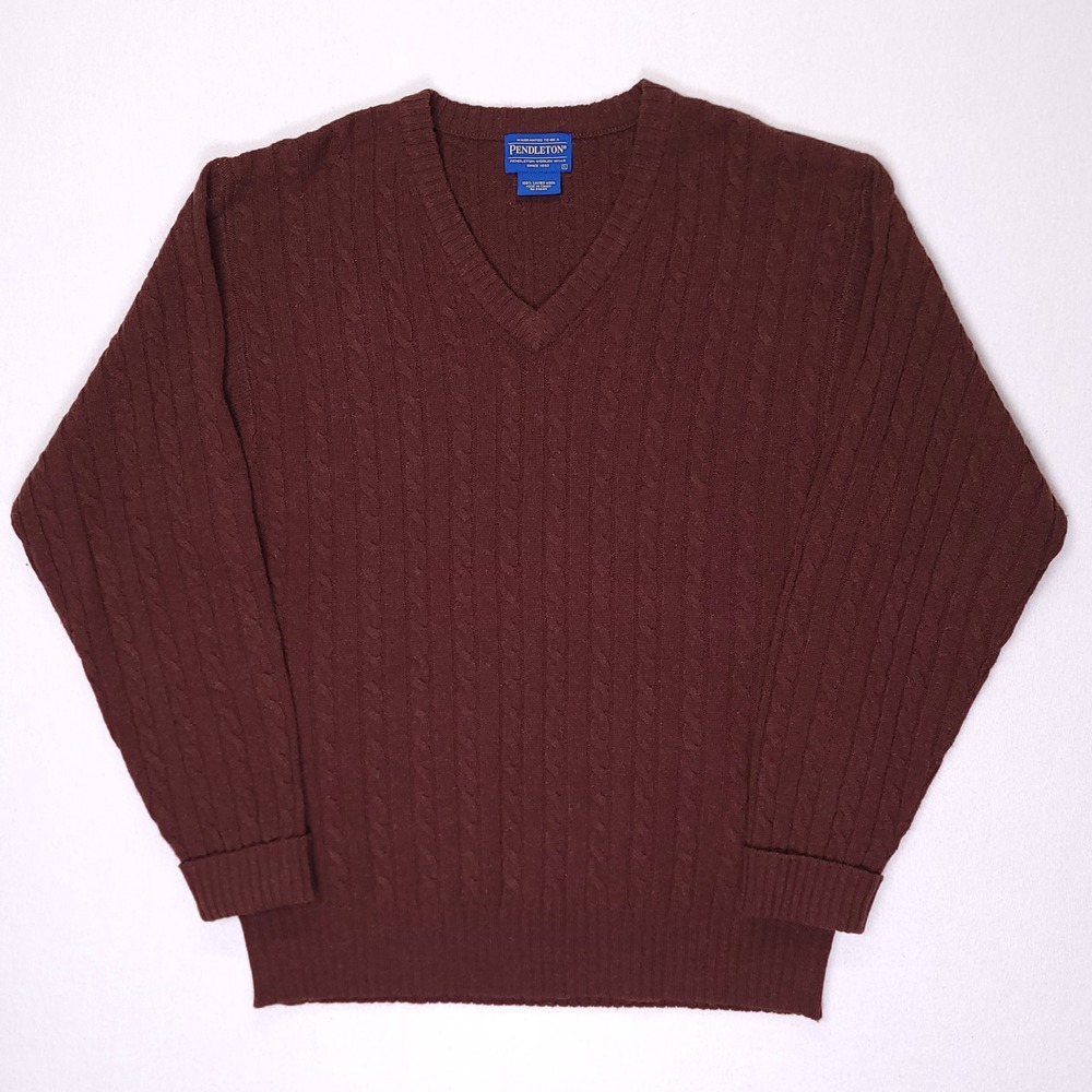 Pendleton Mens Broen Cable Knit‎ V-Neck Sweater 100% Lambswool Large